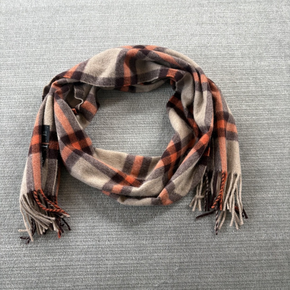 Saks Fifth Avenue BLACK 100% Cashmere Scarf Beige Plaid Fringe Luxury Soft 72x12